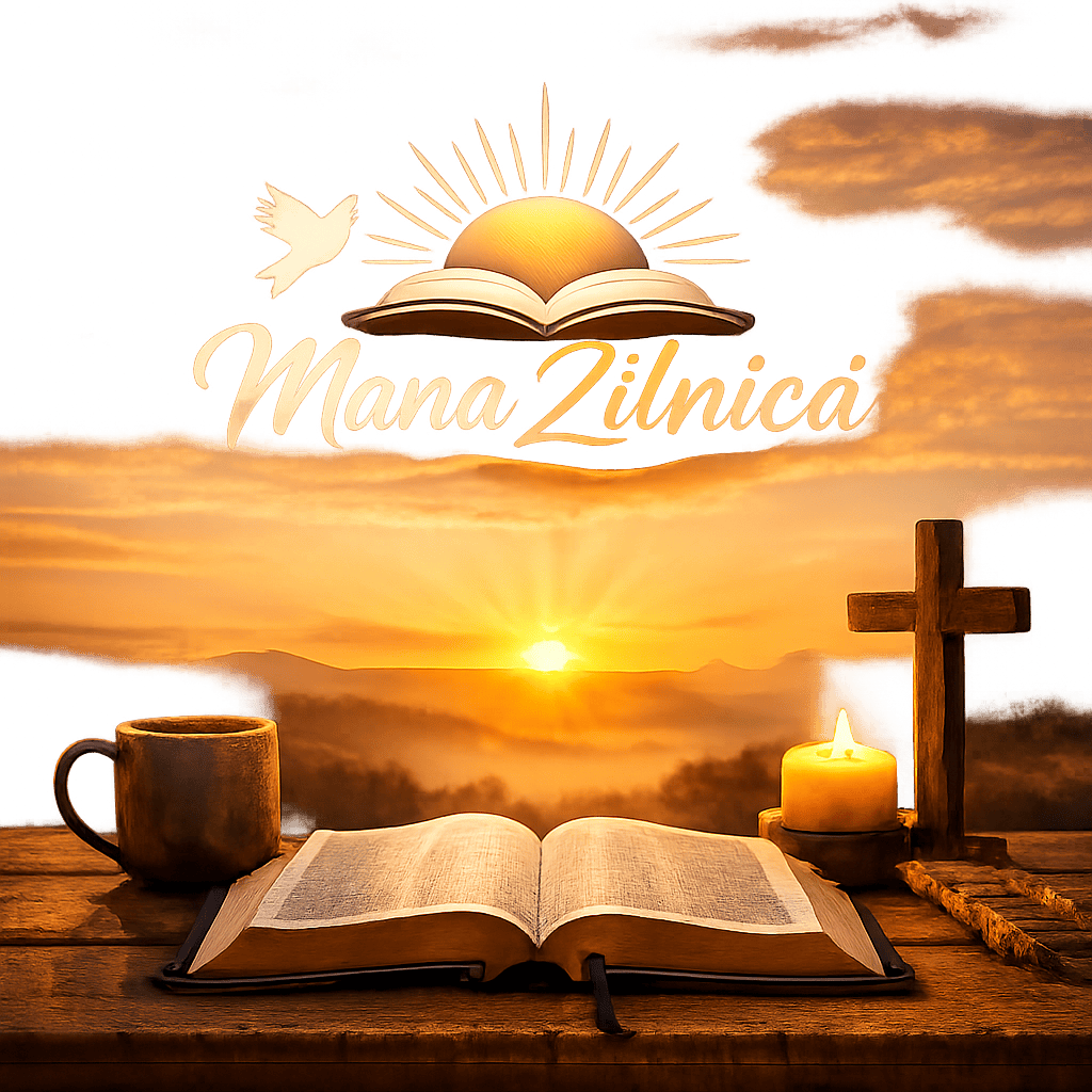 Open Bible on wooden table with candle, cross, coffee mug, and sunrise in background